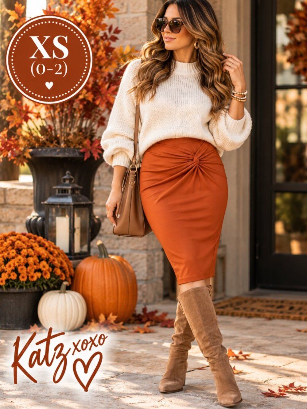 Thalia Sodi XS Burnt Orange Twist Front Pencil Skirt Stretch Bodycon Midi Scuba